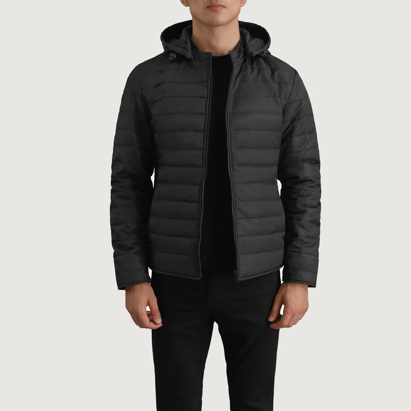 Tyler Noir Hooded Puffer Veste en Cuir pour Homme