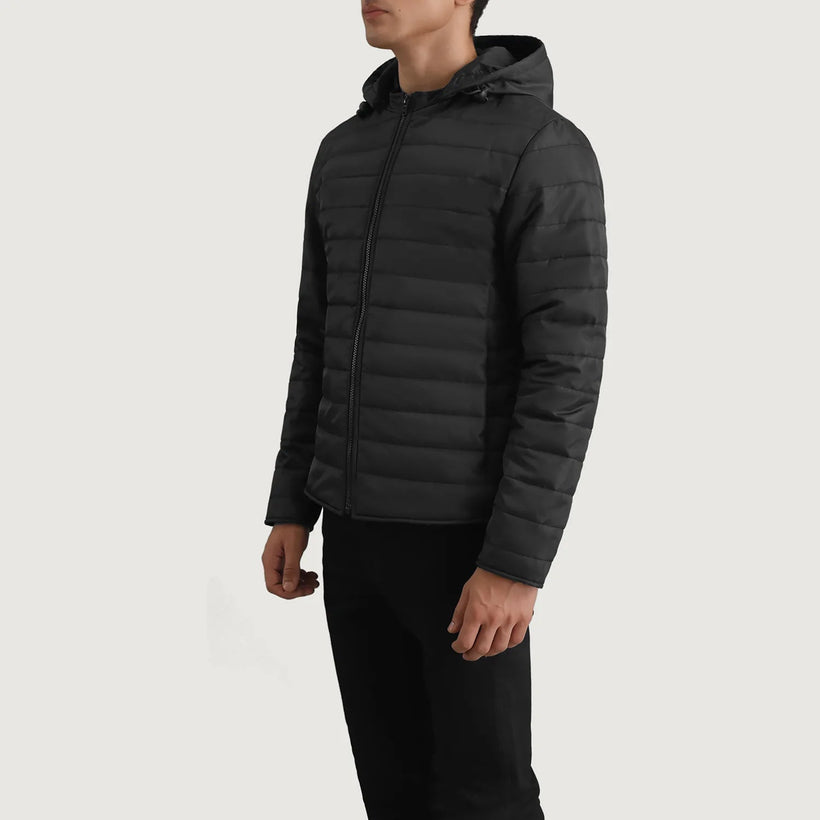 Tyler Noir Hooded Puffer Veste en Cuir pour Homme