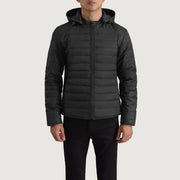 Vue détaillée of Classic Collar &amp; Zipper Hardware on Tyler Noir Hooded Puffer Veste en Cuir pour Homme