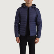 Tyler Bleu Hooded Puffer Veste en Cuir pour Homme in Blue Full-Grain Leather - Vue de face &amp; silhouette ajustée | Acheter en ligne