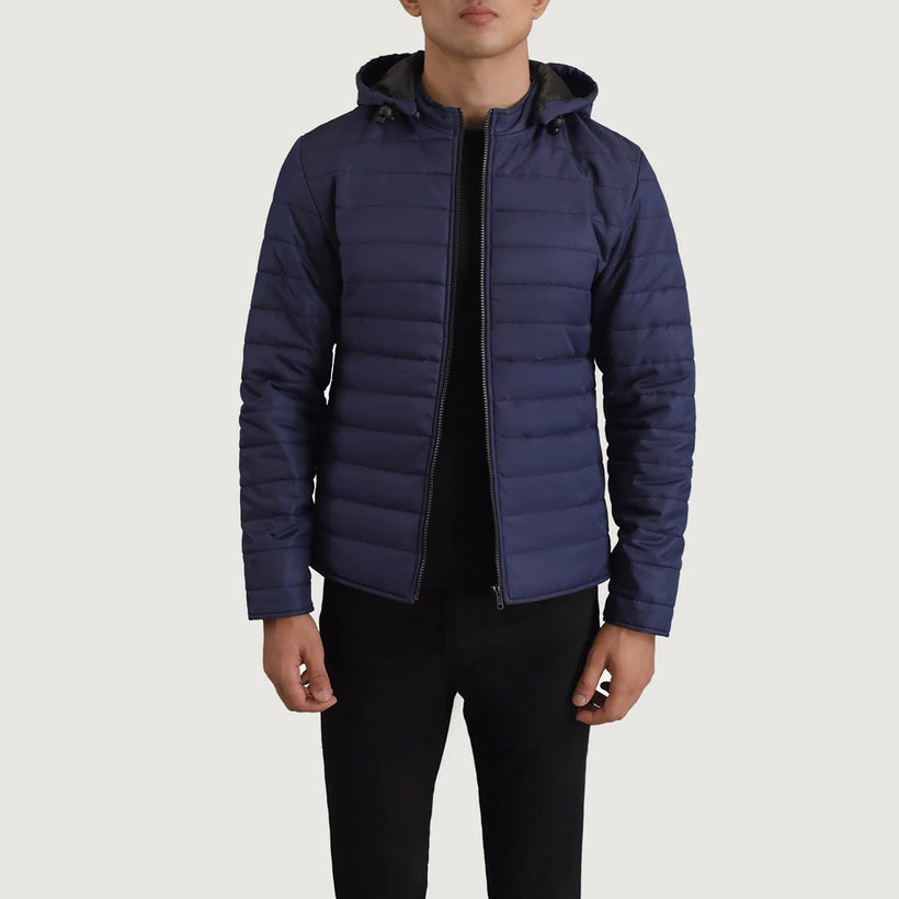 Tyler Bleu Hooded Puffer Veste en Cuir pour Homme