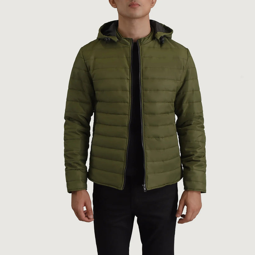 Tyler Vert Hooded Puffer Veste en Cuir pour Homme
