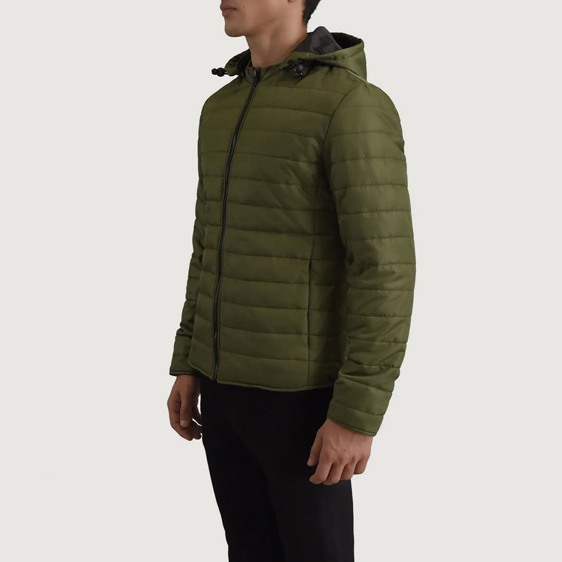 Tyler Vert Hooded Puffer Veste en Cuir pour Homme