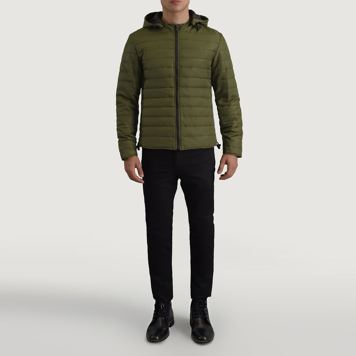 Tyler Vert Hooded Puffer Veste en Cuir pour Homme - Vue de profil avec coupe de manche ergonomique