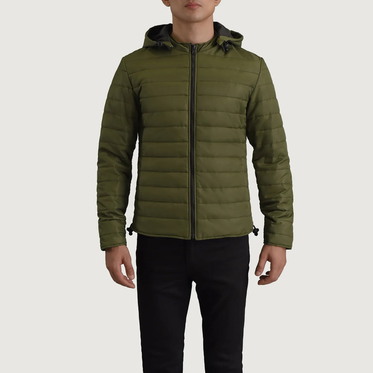 Vue détaillée of Classic Collar &amp; Zipper Hardware on Tyler Vert Hooded Puffer Veste en Cuir pour Homme