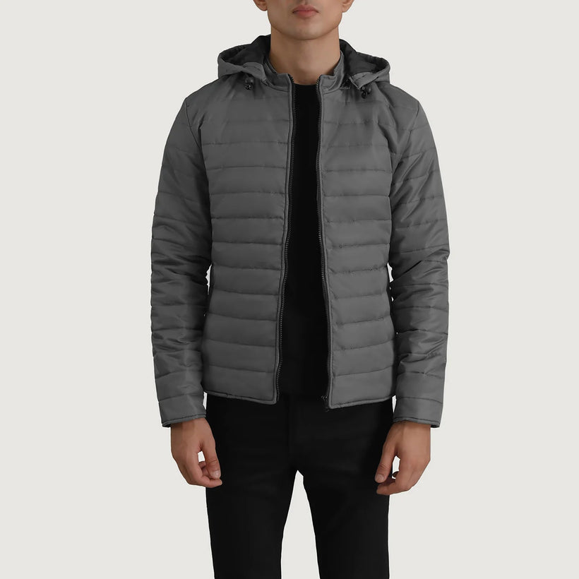 Tyler Gris Hooded Puffer Veste en Cuir pour Homme