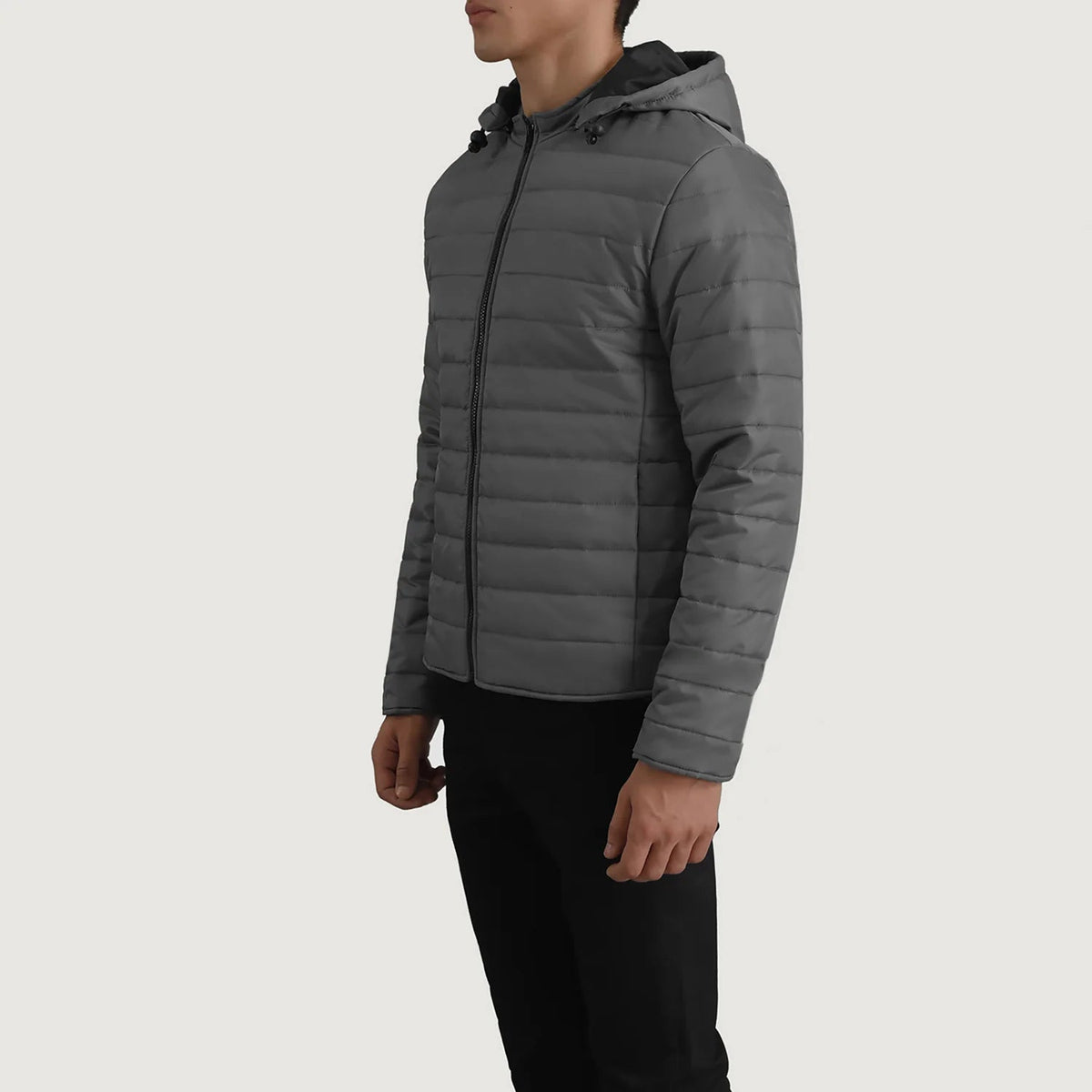 
Grey Full-Grain Leather Hooded Jacket - Vue arrière montrant la carrure ajustée et l'ourlet net