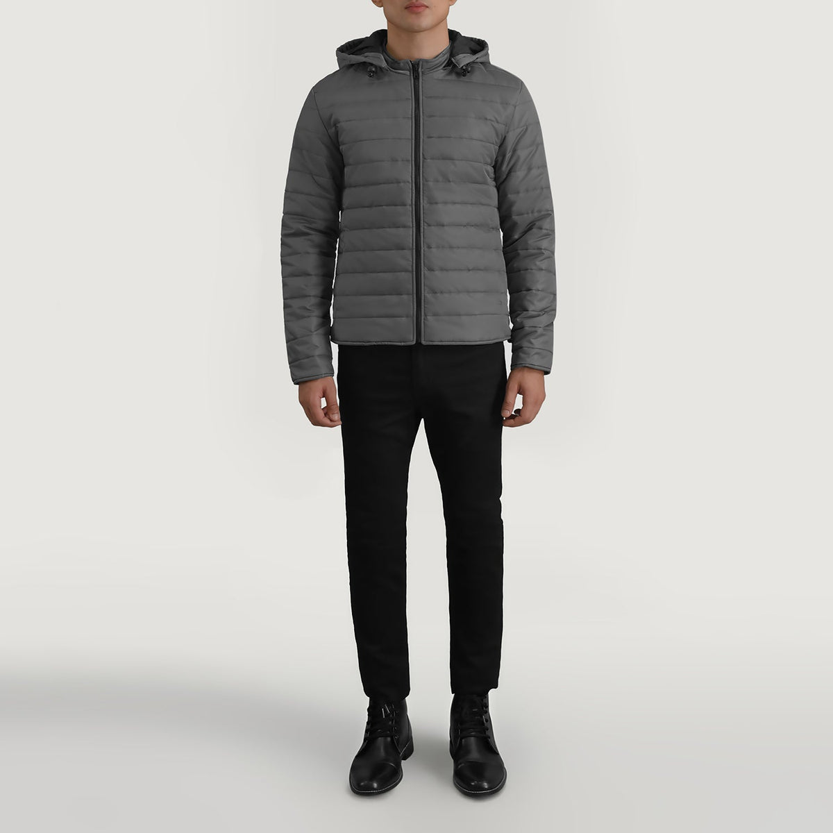
Tyler Gris Hooded Puffer Veste en Cuir pour Homme - Vue de profil mettant en valeur la coupe de manche ergonomique