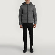 
Tyler Gris Hooded Puffer Veste en Cuir pour Homme - Vue de profil mettant en valeur la coupe de manche ergonomique