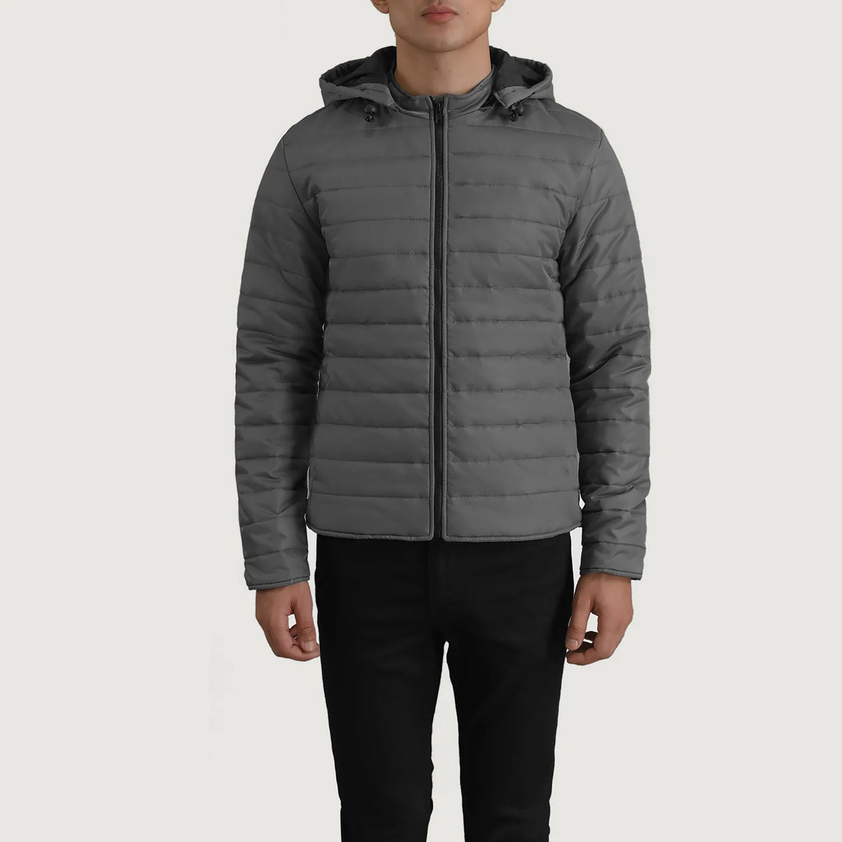 
Vue détaillée of Classic Collar & Zipper Hardware on Tyler Gris Hooded Puffer Veste en Cuir pour Homme