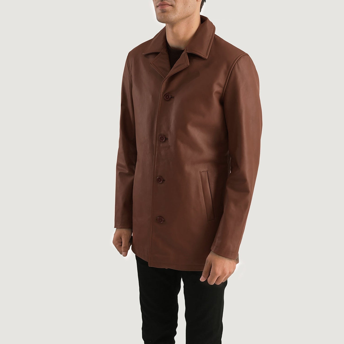 Brown Cowhide leather Coat - Vue de dos avec coupe ajustée aux épaules &amp; ourlet soigné