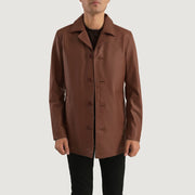 Vue détaillée of Notch &amp; Button Hardware on Urban Slate Marron Manteau en Cuir pour Homme