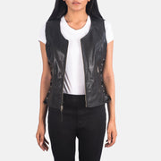 Women's Vanda Noir Leather Biker Vest pour Femme in Black Goatskin Leather - Vue de face &amp; silhouette ajustée | Acheter en ligne