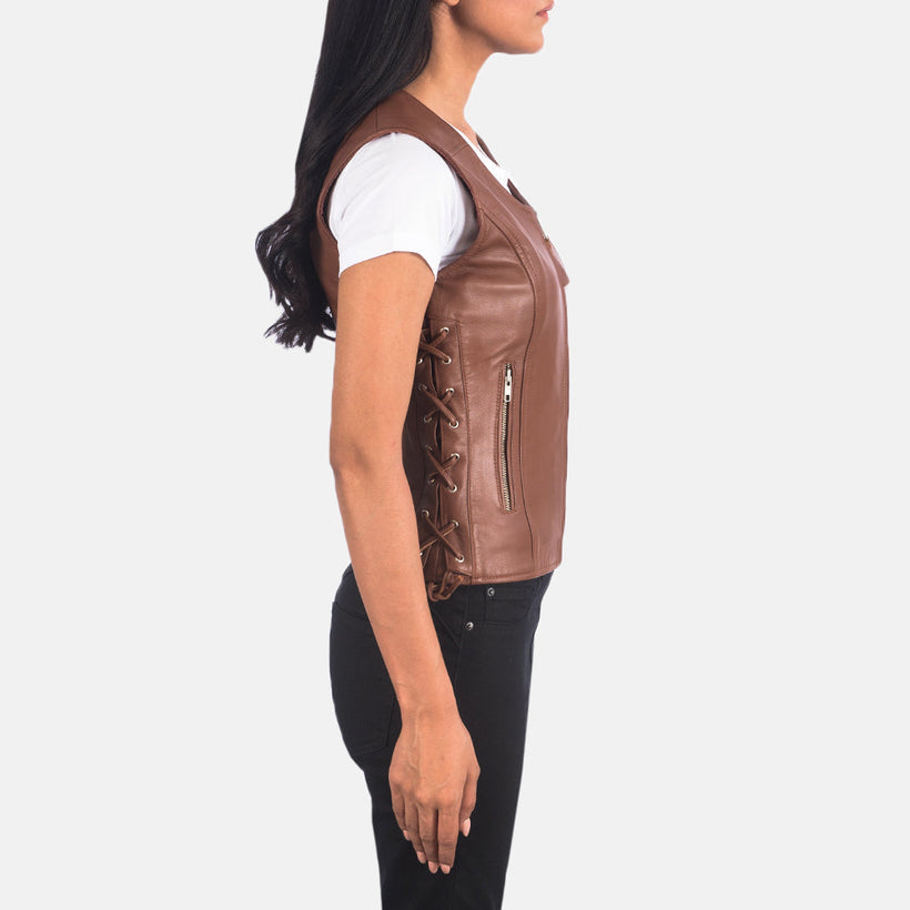 Vanda Marron Leather Biker Vest pour Femme