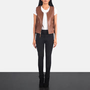 Women's Vanda Marron Leather Biker Vest pour Femme - Vue de profil avec coupe de manche ergonomique