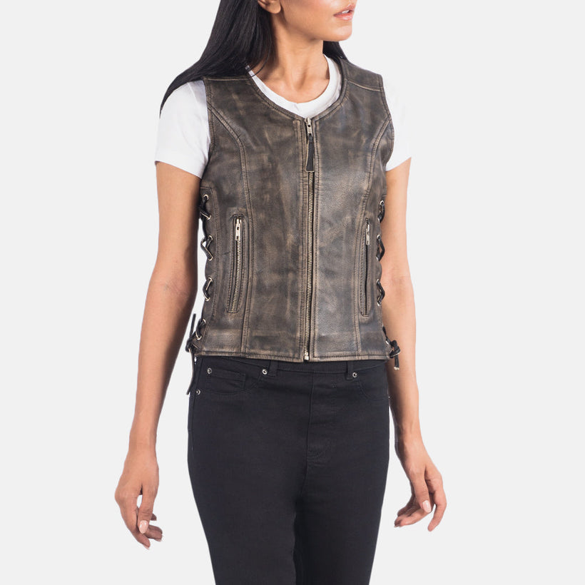 Vanda Patine Usée Marron Leather Biker Vest pour Femme