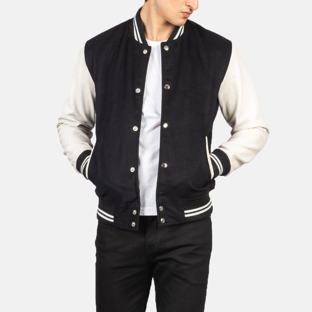 Men's Vaxton Noir &amp; Blanc Hybrid Varsity Veste en Cuir pour Homme in Black &amp; White Sheepskin Leather - Vue de face &amp; silhouette ajustée | Acheter en ligne