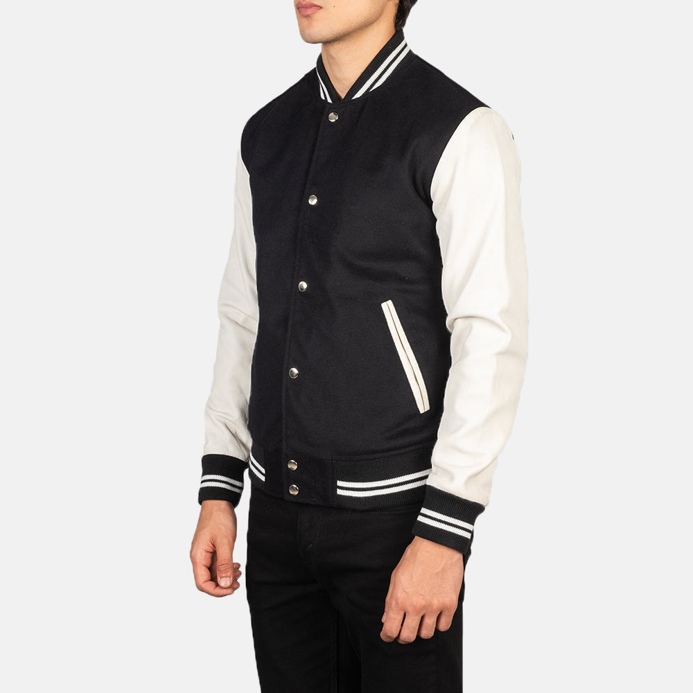 Black &amp; White Sheepskin Leather Varsity Jacket - Vue de dos avec coupe ajustée aux épaules &amp; ourlet soigné