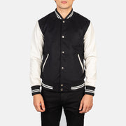 Vue détaillée of Varsity &amp; Snap Buttons Hardware on Men's Vaxton Noir &amp; Blanc Hybrid Varsity Veste en Cuir pour Homme