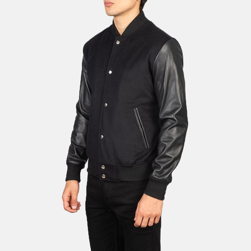 Vaxton Noir Hybrid Varsity Veste en Cuir pour Homme