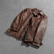 Open Hem &amp; Hem Craftsmanship Construction Detail on Men's Vincent Alley Marron Veste en Cuir pour Homme