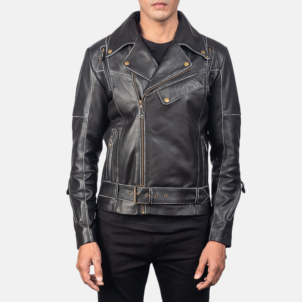 Men's Vincent Black Leather Biker Jacket in Distressed Black Cow Hide Leather - Vue de face &amp; silhouette ajustée | Acheter en ligne