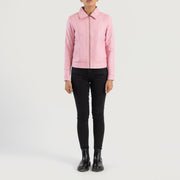 
Vixen Pink Classic Collar Leather Jacket - Vue de profil mettant en valeur la coupe de manche ergonomique