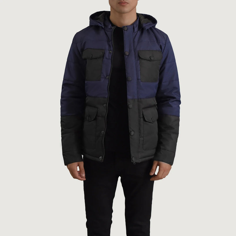 Wayne Noir & Bleu Hooded Puffer Veste en Cuir pour Homme
