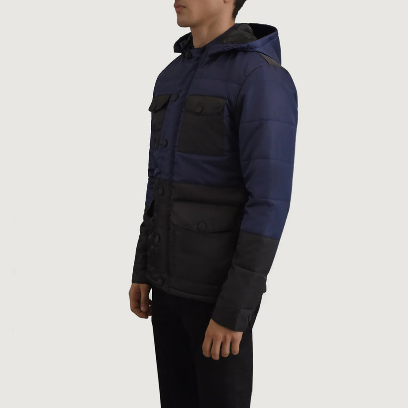 Wayne Noir & Bleu Hooded Puffer Veste en Cuir pour Homme