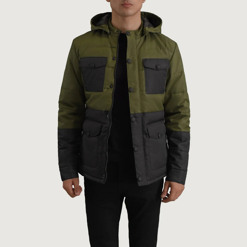 Wayne Noir & Vert Hooded Puffer Veste en Cuir pour Homme