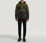 
Wayne Noir & Vert Hooded Puffer Veste en Cuir pour Homme - Vue de profil mettant en valeur la coupe de manche ergonomique