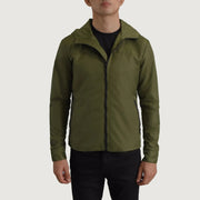 
Vue détaillée of Classic Collar & Zipper With Inside Wind Flap. Hardware on Wesley Vert Hooded Windbreaker Veste en Cuir pour Homme