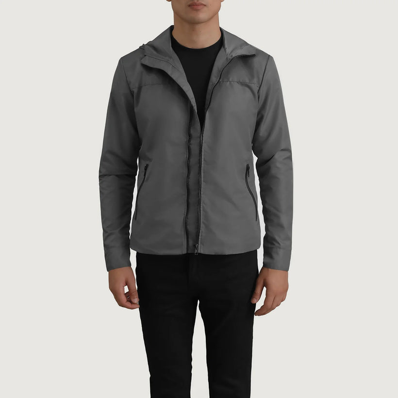 Wesley Gris Hooded Windbreaker Veste en Cuir pour Homme