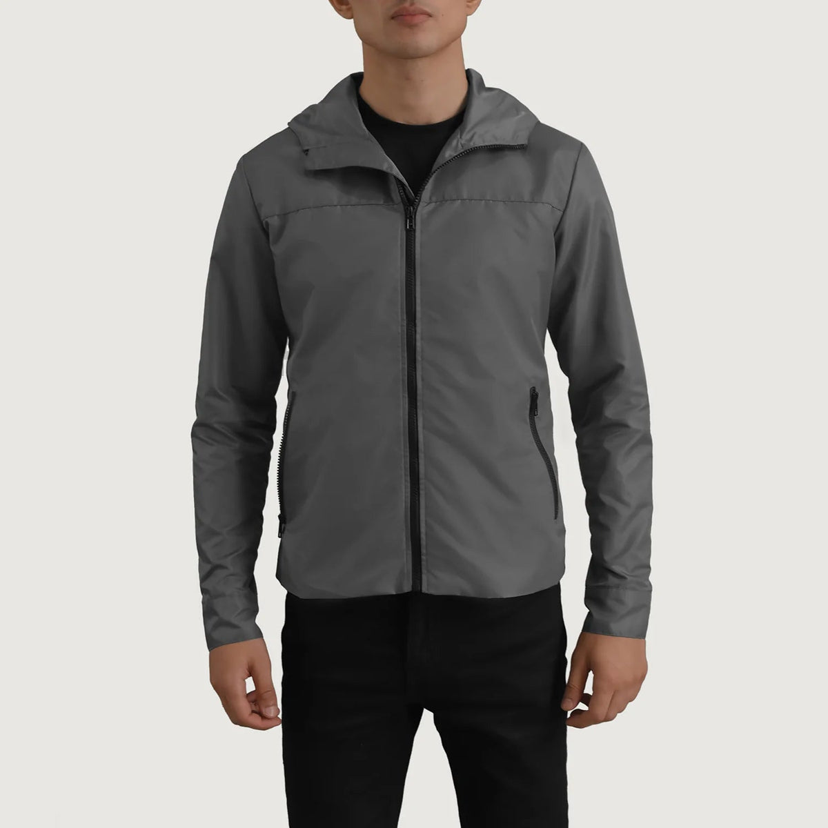 
Vue détaillée of Classic Collar & Zipper With Inside Wind Flap. Hardware on Wesley Gris Hooded Windbreaker Veste en Cuir pour Homme