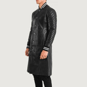 Black Sheepskin Leather Varsity Jacket - Vue de dos avec coupe ajustée aux épaules &amp; ourlet soigné