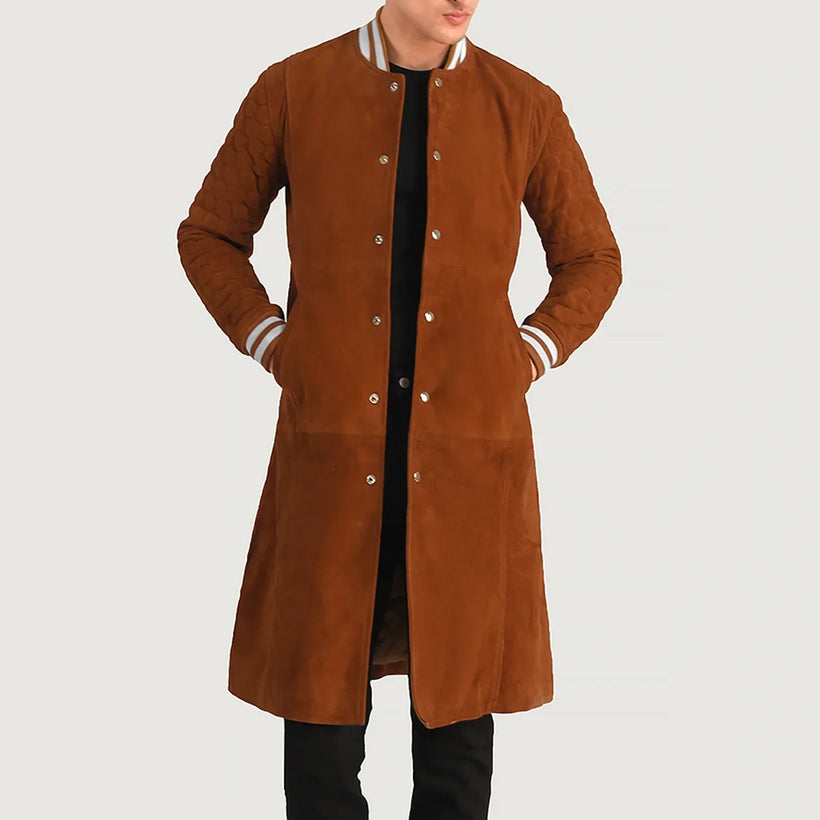 Wilde Marron Suede Varsity Manteau en Cuir pour Homme