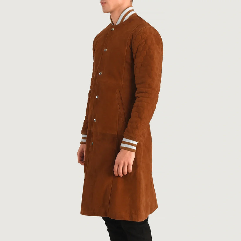 Wilde Marron Suede Varsity Manteau en Cuir pour Homme