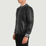 Black Sheepskin Leather Varsity Jacket - Vue de dos avec coupe ajustée aux épaules &amp; ourlet soigné