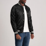 Black Satin Varsity Jacket - Vue de dos avec coupe ajustée aux épaules &amp; ourlet soigné