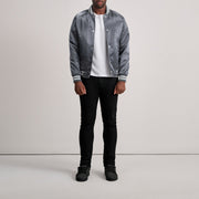Vue détaillée of Varsity &amp; Button Hardware on Xander Gris Varsity Veste en Cuir pour Homme