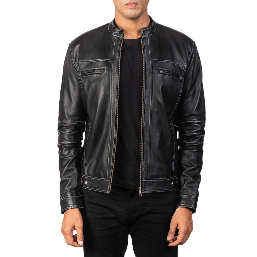 Youngster Distressed Black Leather Jacket in Black Goatskin Snuffed - Vue de face &amp; silhouette ajustée | Acheter en ligne