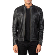 Youngster Distressed Black Leather Jacket in Black Goatskin Snuffed - Vue de face &amp; silhouette ajustée | Acheter en ligne