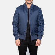 Men's Zack Bleu Blouson Bomber en Cuir pour Homme in Blue Nylon - Vue de face &amp; silhouette ajustée | Acheter en ligne