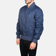 Blue Nylon Bomber Jacket - Vue de dos avec coupe ajustée aux épaules &amp; ourlet soigné