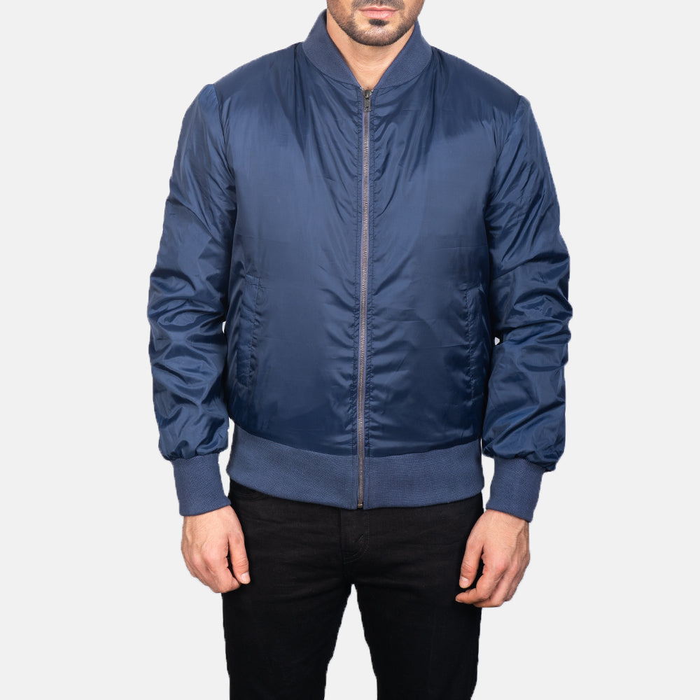 Vue détaillée of Varsity &amp; Zipper Hardware on Men's Zack Bleu Blouson Bomber en Cuir pour Homme