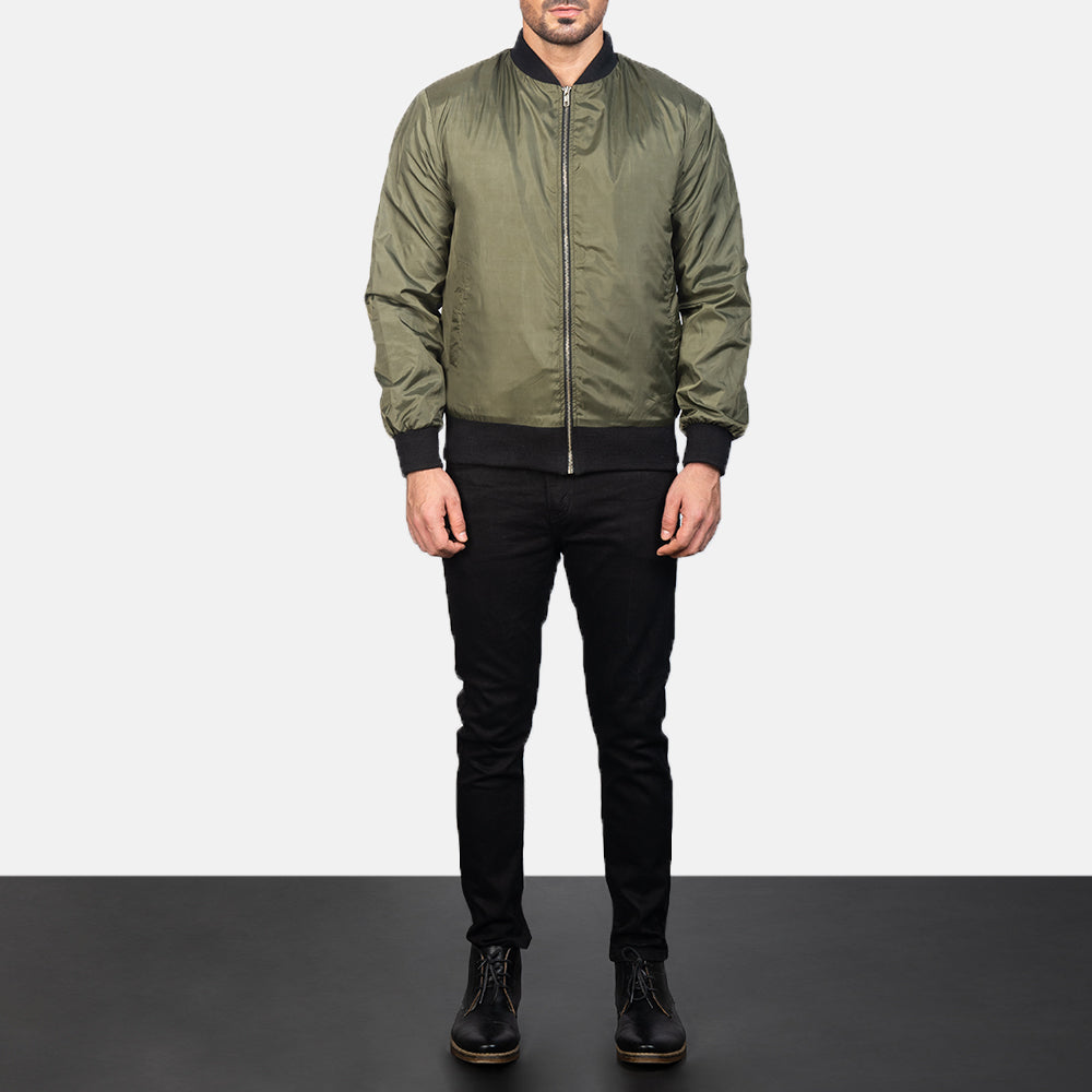 Men's Zack Vert Blouson Bomber en Cuir pour Homme - Vue de profil avec coupe de manche ergonomique