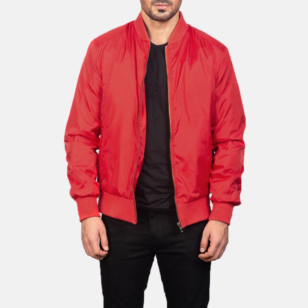 
Zack Rouge Blouson Bombardier en Cuir pour Homme in Red Nylon - Vue de face & silhouette ajustée | Acheter en ligne