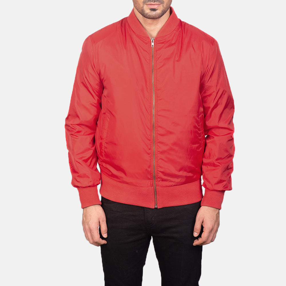 
Vue détaillée of Varsity & Zipper Hardware on Zack Rouge Blouson Bombardier en Cuir pour Homme
