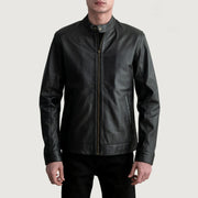 Zen Noir Veste Motard en Cuir pour Homme in Black Sheepskin Leather - Vue de face &amp; silhouette ajustée | Acheter en ligne
