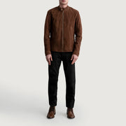 Vue détaillée of Snap Button &amp; Zipper Hardware on Zen Marron Suede Veste Motard en Cuir pour Homme